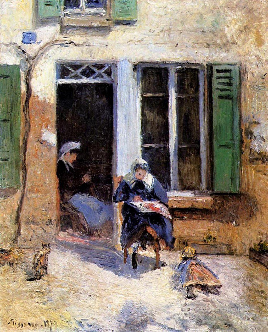 woman and child doing needlework 1877 Camille Pissarro Oil Paintings